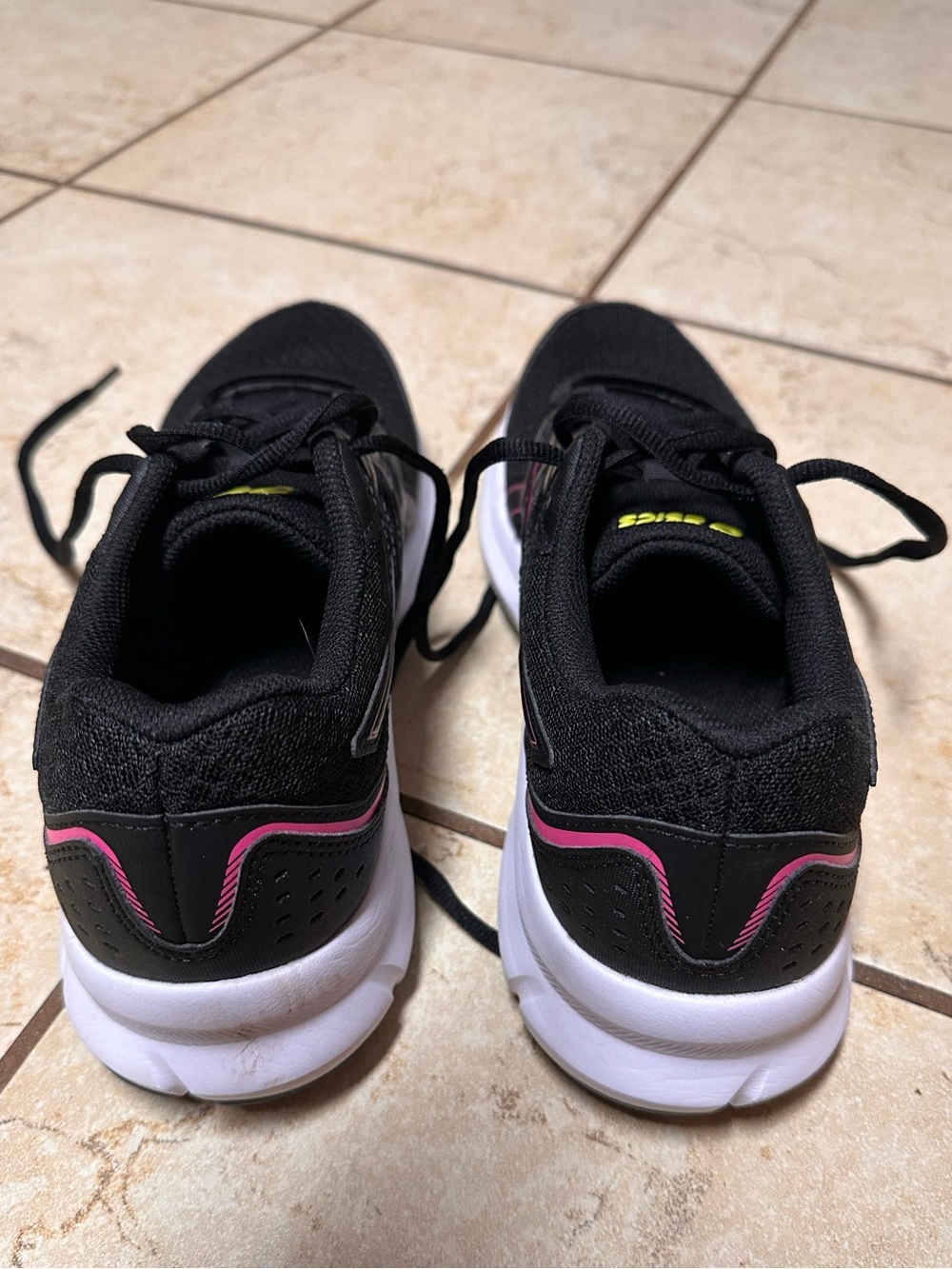 Asics Black Running Sneakers with pink design, and Neon Yellow Logo - Picture 2 of 7
